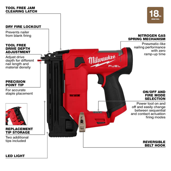 美國美沃奇Milwaukee 2541-20 M12 FUEL 12V 18 號緊湊型布拉德釘槍 - 淨機 Milwaukee