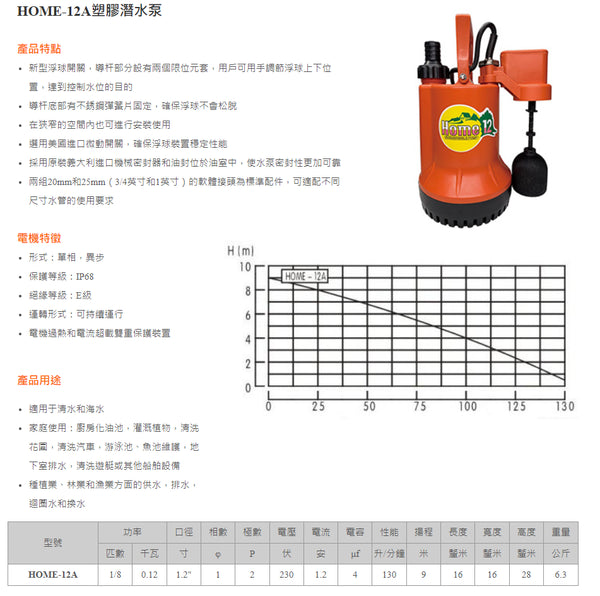 GARDEN嘉頓牌 HOME-12A 潛水泵