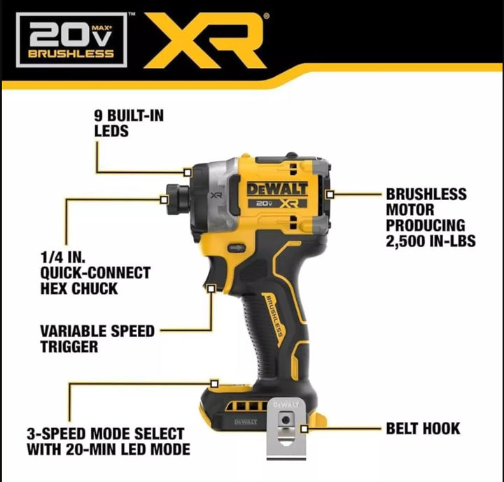 DEWALT XR 20V 型號# DCF860B 最大 1/4 英吋無刷無線衝擊起子機（不含電池和充電器） DEWALT