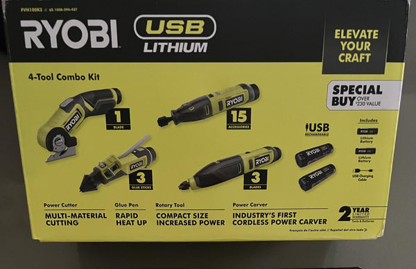 Ryobi USB 鋰 4 件工具 Hobby 組合套件帶刀具、旋轉工具、雕刻機、膠水筆 豐業五金裝飾工程公司